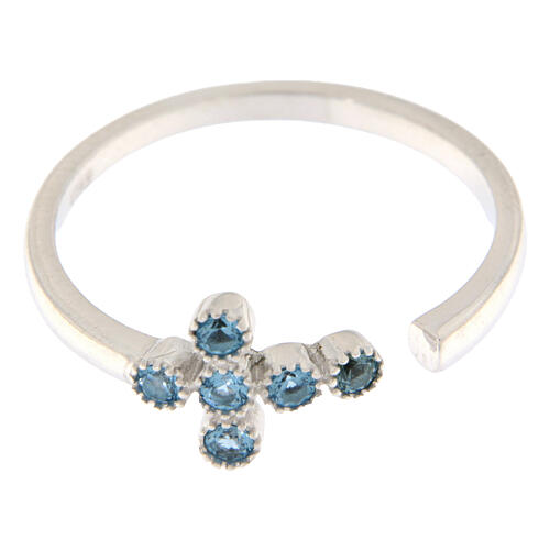 Ring, 925er Silber, Kreuz mit himmelblauen Zirkonia, verstellbar – Benedictus 3