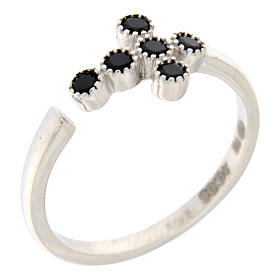 Adjustable ring by Agios with cross of black rhinestones, 925 silver