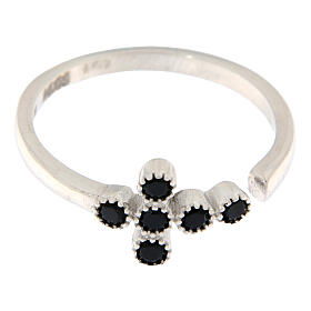 Adjustable ring by Agios with cross of black rhinestones, 925 silver