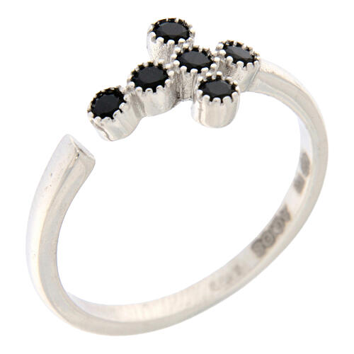 Adjustable ring by Agios with cross of black rhinestones, 925 silver 1