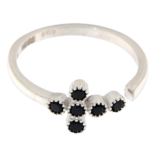 Adjustable ring by Agios with cross of black rhinestones, 925 silver 2