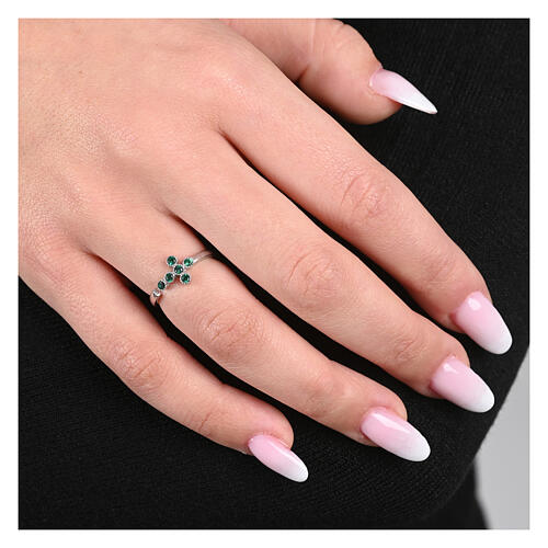 Ring, 925er Silber, Kreuz mit smaragdgrünen Zirkonia, verstellbar – Agios 2