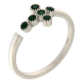 Adjustable ring by Agios, cross of emerald rhinestones, 925 silver