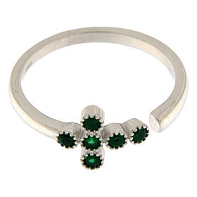 Adjustable ring by Agios, cross of emerald rhinestones, 925 silver