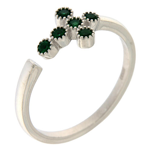 Anillo ajustable cruz zircones verde esmeralda plata 925 Agios 1