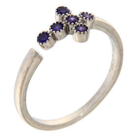 Adjustable ring by Agios, cross with purple rhinestones, 925 silver