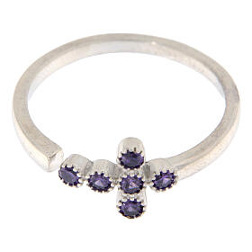 Adjustable ring by Agios, cross with purple rhinestones, 925 silver