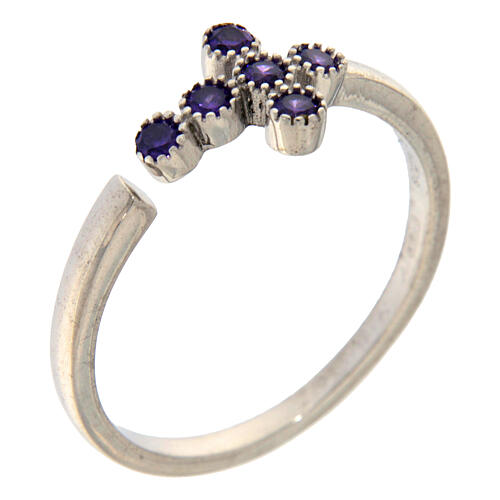 Adjustable ring by Agios, cross with purple rhinestones, 925 silver 1