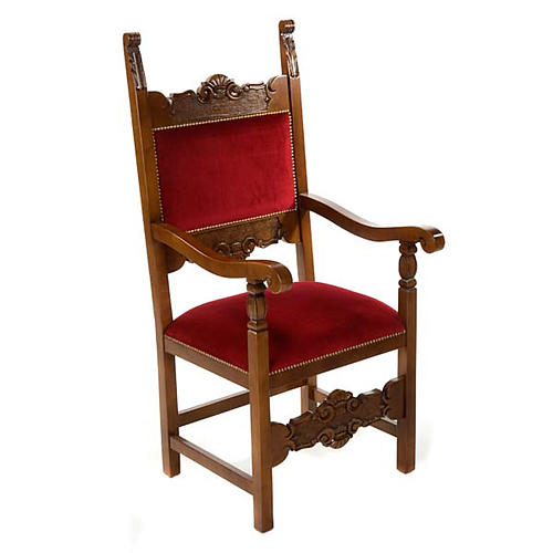 Cadeira de presidência barroca sacristia madeira nogueira veludo 1