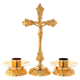 Altar set, cross and candle holders in brass