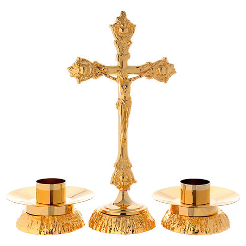 Altar set, cross and candle holders in brass 1