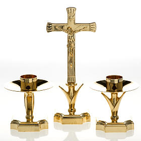 Altar crucifix and candlesticks in brass