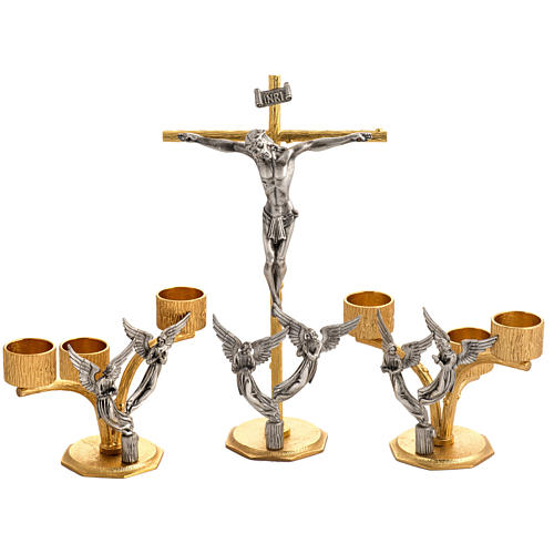 Crucifixo e castiçais 3 velas com anjos em bronze moldado 1