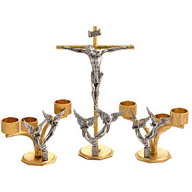 Altar cross and candle holders with flames and angels in bronze