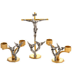 Altar cross and candle holders with angels and flames in bronze