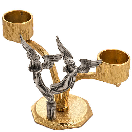Crucifixo com castiçais 2 velas anjos em bronze moldado 4