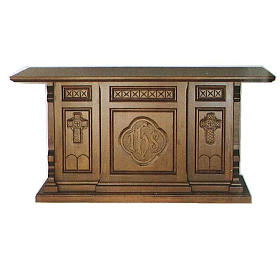 Ambones, reclinatorios, mobiliario religioso: Altar de madera maciza de estilo gótico 200x89x98 cm con escudo IHS