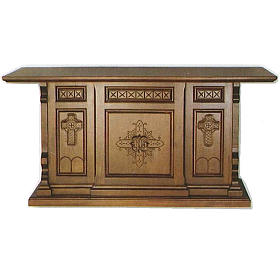 Ambons, prie-dieu, compléments d'ameublement: Autel bois style gotique 200x89x98 symboles croix IHS