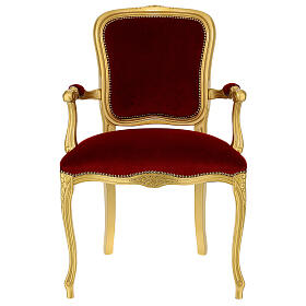 Armchair in walnut wood & gold leaf, red velvet baroque style