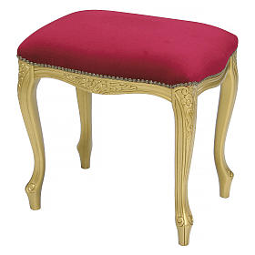 Stool in walnut wood & painted with gold spray paint, red velvet baroque style