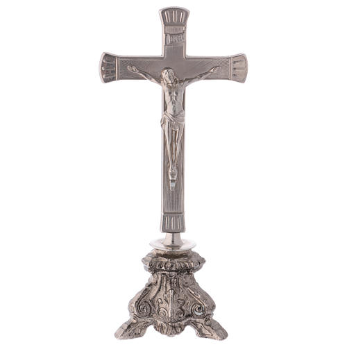Croix d'autel laiton argenté base vieillie 1