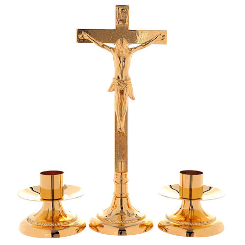 Altar set with cross and candle-holders in 24K golden brass, base decoration 1