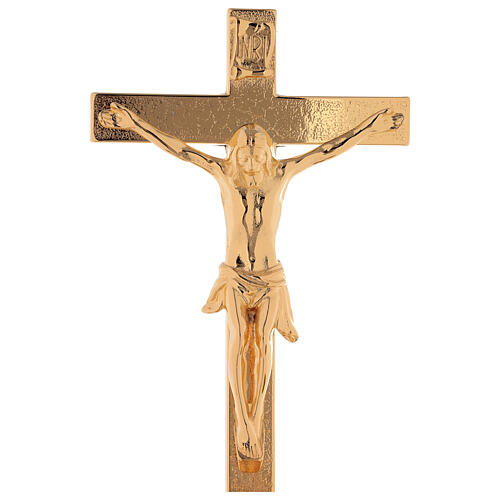 Conjunto de altar crucifixo e castiçais latão dourado 24 K base decorada 2