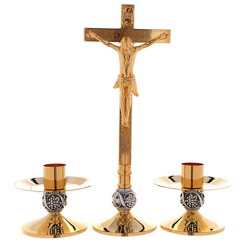 Altar set with cross and candle-holders in 24K golden brass, grapes and cross decoration 1