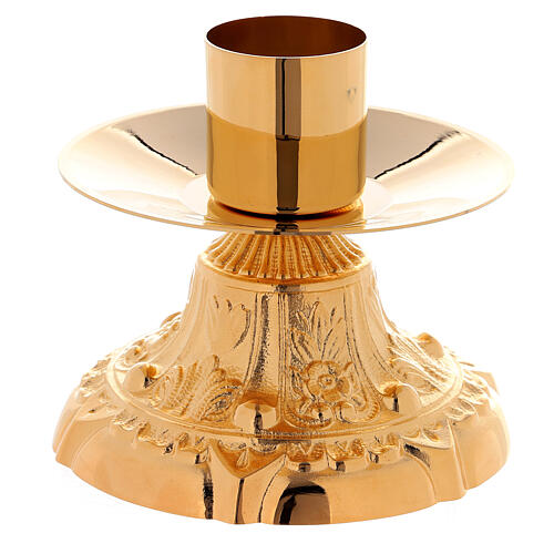 Altar set with cross and short candle-holders in 24K golden brass 3