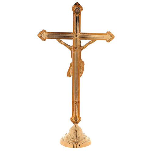 Altar set with cross and short candle-holders in 24K golden brass 5