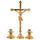 Altar set with cross and short candle-holders in 24K golden brass s1