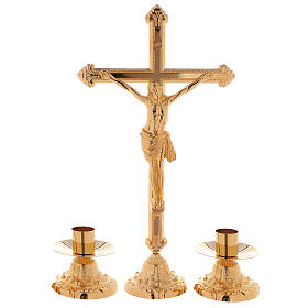 Conjunto de altar cruz crucifixo e castiçais latão dourado 24 K