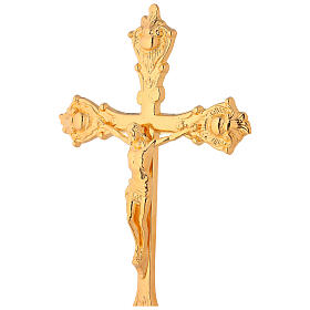 Altarset aus Kreuz und Leuchtern aus vergoldetem Messing mit glattem Sockel