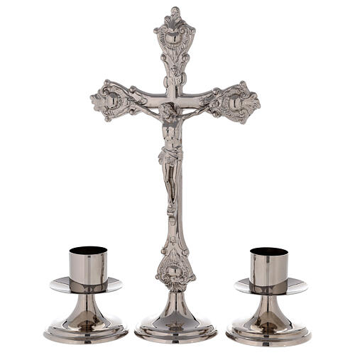 Conjunto de altar cruz castiçais latão prateado base lisa 1