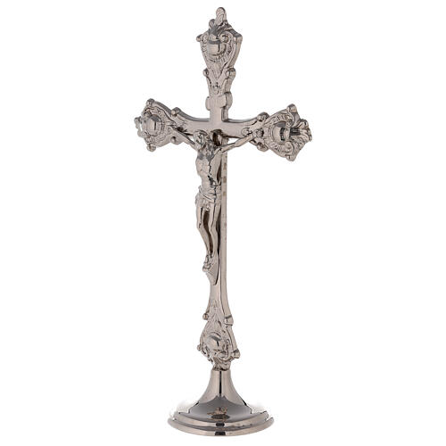 Conjunto de altar cruz castiçais latão prateado base lisa 3