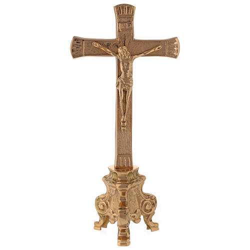 Krzyż na ołtarz, podstawa barokowa, mosiądz pozłacany h 26 cm 1