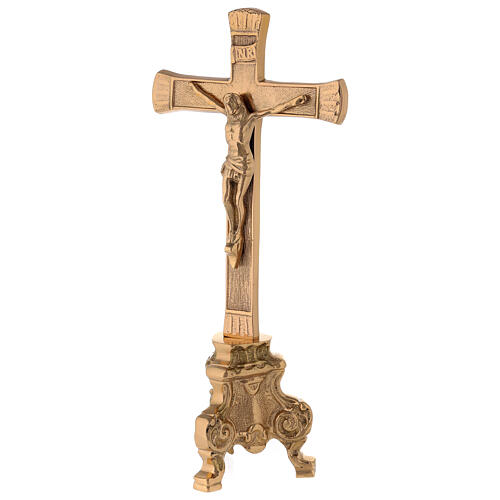 Krzyż na ołtarz, podstawa barokowa, mosiądz pozłacany h 26 cm 3