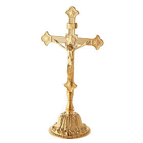 Altar cross with candle holders, bell-mouthed base, brass