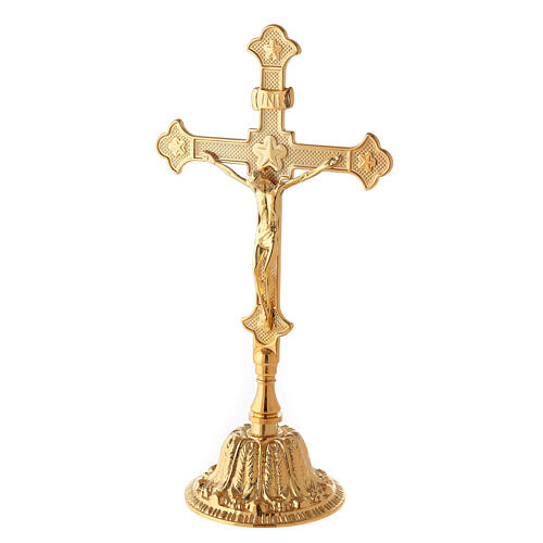 Altar cross with candle holders, bell-mouthed base, brass 2