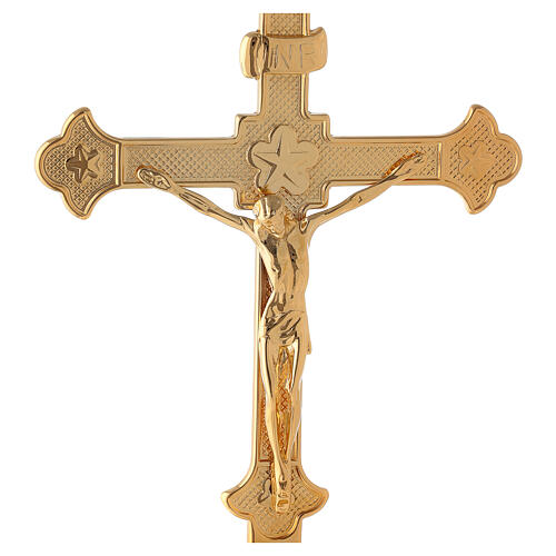 Altar cross with candle holders, bell-mouthed base, brass 3
