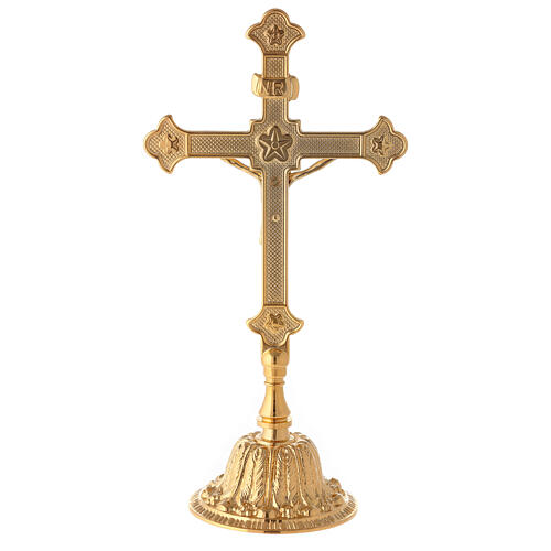 Krzyż na ołtarz ze świecznikami, podstawa motyw kwiatów, mosiądz 7