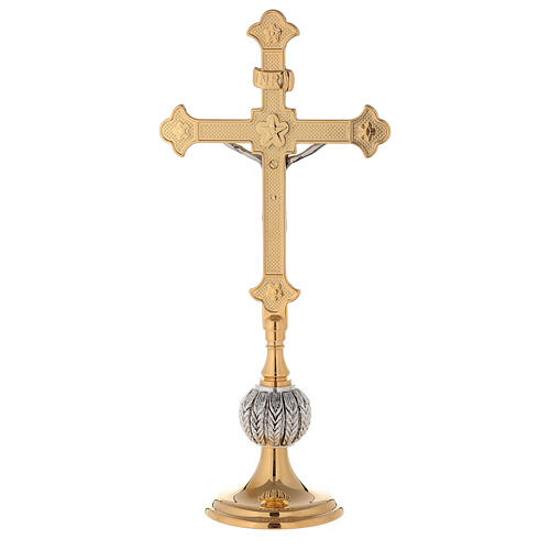 Krzyż ołtarzowy nodus kłosy, mosiądz pozłacany 24k, ze świecznikami 6