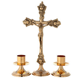 Altarkreuz mit Altarleuchtern aus glänzendem Messing, 35 cm