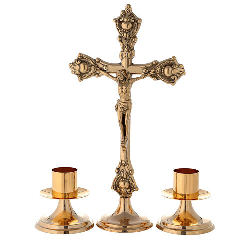 Altarkreuz mit Altarleuchtern aus glänzendem Messing, 35 cm 1