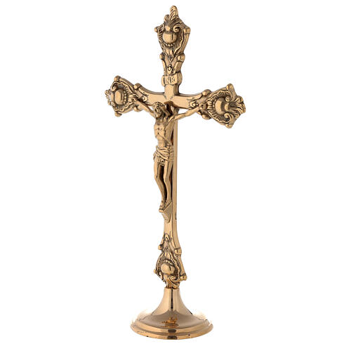 Altarkreuz mit Altarleuchtern aus glänzendem Messing, 35 cm 2