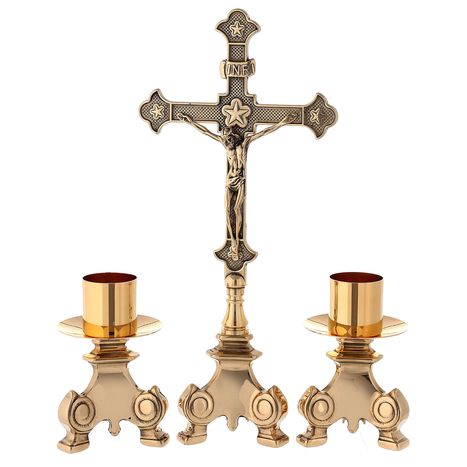 Altar cross with candlesticks in golden brass 33.5 cm online sales on