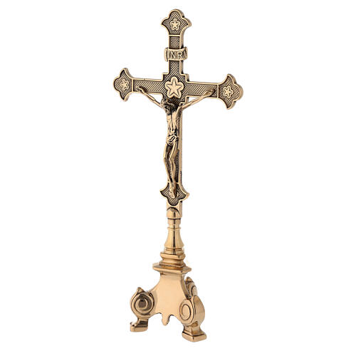 Altar cross with candlesticks in golden brass 33.5 cm 2