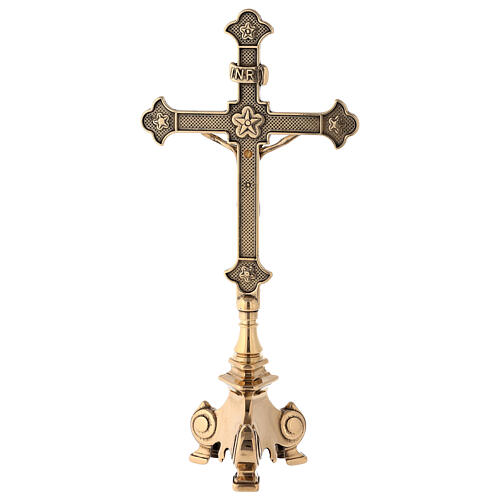 Altar cross with candlesticks in golden brass 33.5 cm 4