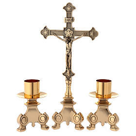Krzyż ołtarzowy ze świecznikami mosiądz pozłacany 35 cm
