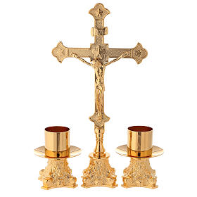 Świeczniki i krzyż na ołtarz mosiądz pozłacany 24 kr 30 cm